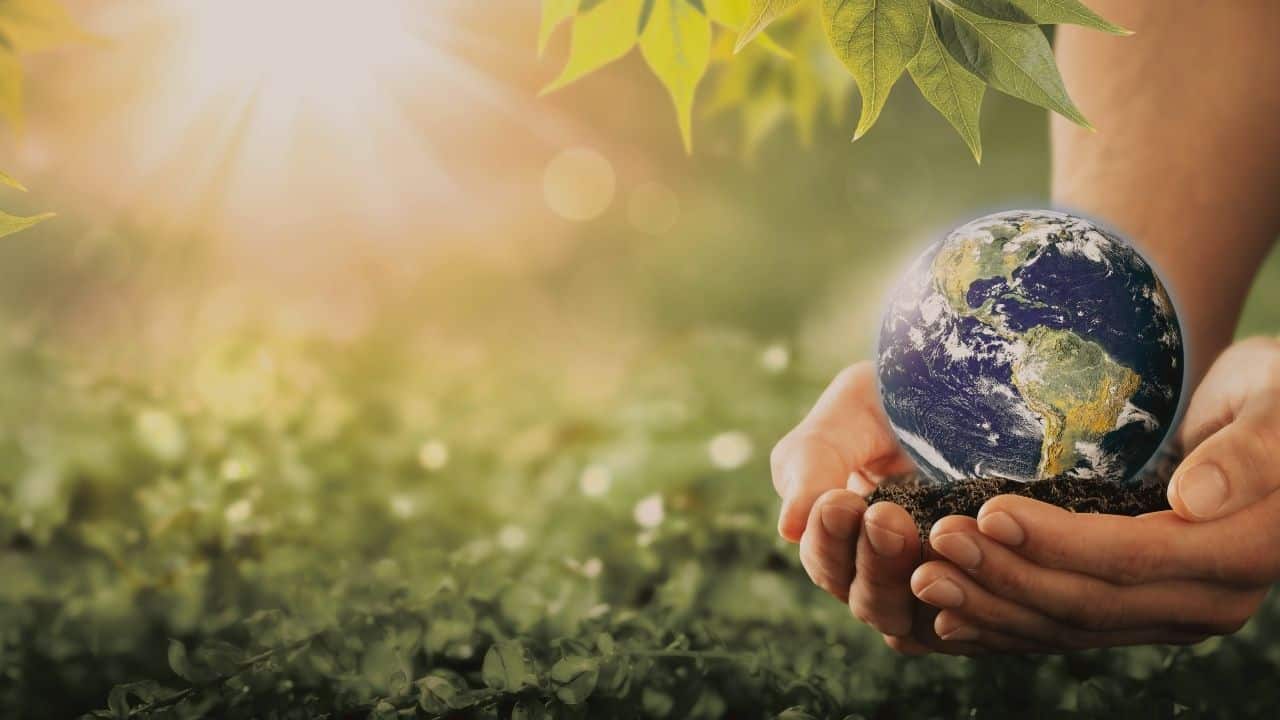 Frau hält Erdkugel in der Hand inmitten von Natur