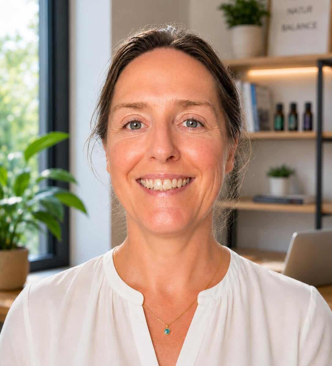 Selbstbewusste Frau lächelt im modernen Büro mit Pflanzen und Büromaterialien.